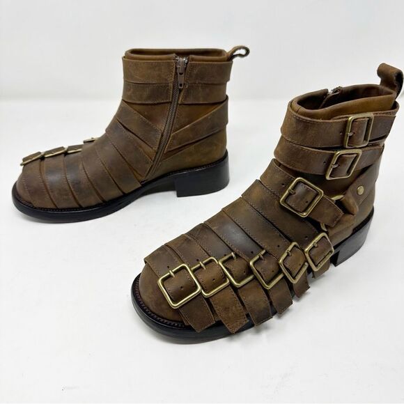 Jeffery Campbell Brown Distressed Belted Up Buckle Booties Size 7 - Picture 4 of 7